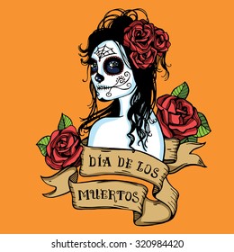 Hand drawn Day of dead Mexican sugar skull girl with red roses, vintage ribbon with lettering
