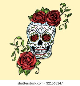 Hand drawn Day of dead Mexican sugar skull decorated with red roses 