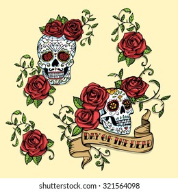 Hand drawn Day of dead Mexican sugar skulls decorated with red roses and vintage ribbon with lettering. 