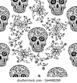 Hand drawn Day of The Dead skull with floral ornament in flower garland seamless pattern. White background