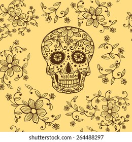 Hand drawn Day of The Dead skull with floral ornament and flower seamless pattern.