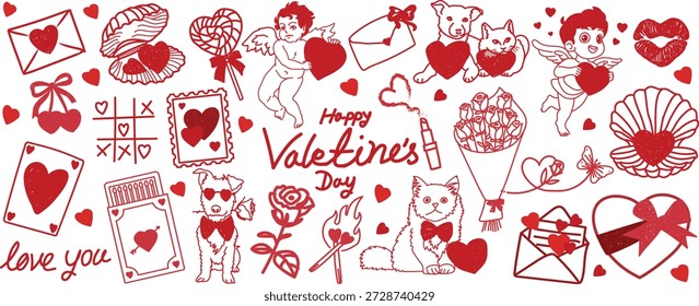 Hand drawn Valentine’s Day elements doodle vector with cute cupid, heart, love letter, rose, pet and romantic sticker. Trendy red line art perfect for card, poster, gift, print and social media design