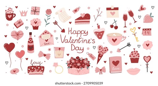 Conjunto de Elementos de San Valentín dibujados a mano con corazones, regalos, dulces, flores, cartas de amor, cupcakes, decoraciones e íconos románticos en un lindo estilo minimalista. Perfecto para tarjetas, carteles, pegatinas