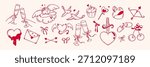 Hand drawn Valentine’s Day icon set outline with hearts, champagne glasses, doves, bows and love symbols for greeting cards, stickers, wedding invitations, and romantic branding. Vector illustration