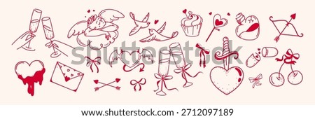 Hand drawn Valentine’s Day icon set outline with hearts, champagne glasses, doves, bows and love symbols for greeting cards, stickers, wedding invitations, and romantic branding. Vector illustration