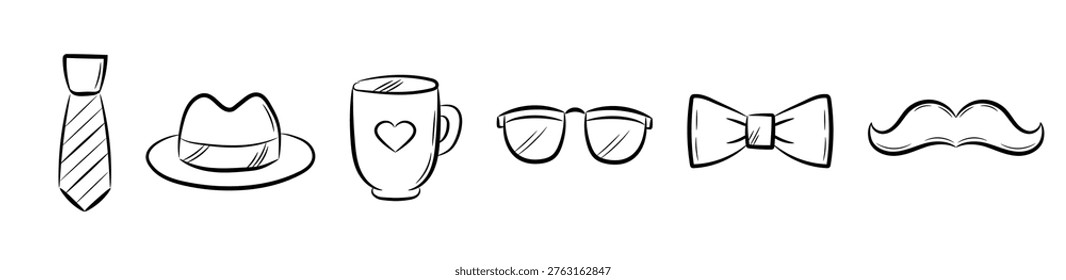 Hand Drawn Father’s Day Icons Set – Tie, Hat, Mustache, Glasses, Mug, Bow Tie Sketch Doodle Collection