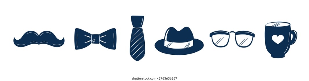 Hand Drawn Father’s Day Icons Set. Tie, Hat, Mustache, Glasses, Mug, Bow Tie Sketch Doodle Collection