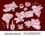 Hand drawn Valentine’s Day illustration set with cute cupids and cherubs delivering love letters, shooting arrows and holding hearts. Whimsical romantic outline style for cards, stickers, gifts and invitations.