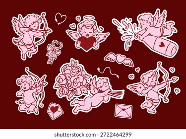 Hand drawn Valentine’s Day illustration set with cute cupids and cherubs shooting arrows, holding hearts and roses. Whimsical romantic outline style, perfect for cards, stickers, invitations and love designs.