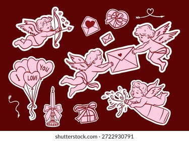 Hand drawn Valentine’s Day illustration set with cute cupids and cherubs delivering love letters, shooting arrows and holding hearts. Whimsical romantic outline style for cards, stickers, gifts and invitations.