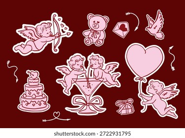 Desenhado à mão ilustração do Dia dos Namorados com cupidos bonitos e querubins comemorando o amor com corações, balões, presentes e doces. Estilo de contorno romântico fantástico, perfeito para cartões, adesivos e desenhos festivos.