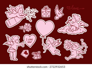 Hand drawn Valentine’s Day illustration set with cute cupids and cherubs shooting arrows, holding hearts, roses and love letters. Whimsical romantic outline style for cards, stickers and festive designs.