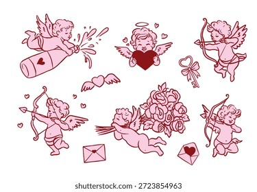 Handgezeichnetes Valentinstag-Illustrationssatz mit süßen Cupiden und Putten, die Pfeile schießen, Herzen und Rosen halten. Whimsical romantischen Umriss Stil, perfekt für Karten, Aufkleber, Einladungen
