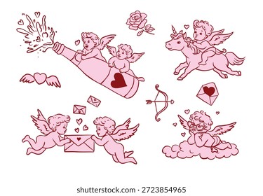 Handgezeichnete Valentinstag Illustration Set mit niedlichen Engeln, Cherubs und Cupiden fliegen, senden Liebesbriefe und verbreiten Herzen. Whimsical romantischen Umriss Stil für Karten, Aufkleber und Designs.
