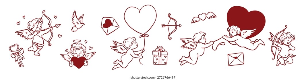 Dibujado a mano conjunto de ilustración del día de San Valentín con lindos cupidos y querubines volando, disparando flechas, sosteniendo corazones, regalos y cartas de amor. Estilo de arte de línea caprichoso romántico, perfecto para tarjetas, pegatinas e impresiones.