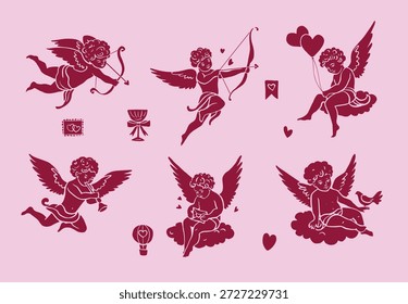 Desenhado à mão ilustração Dia dos Namorados conjunto com anjos cupidos clássicos no estilo silhueta, voando, atirando setas e segurando corações. Design romântico vintage sobre fundo rosa, perfeito para cartões, impressões e decorações.