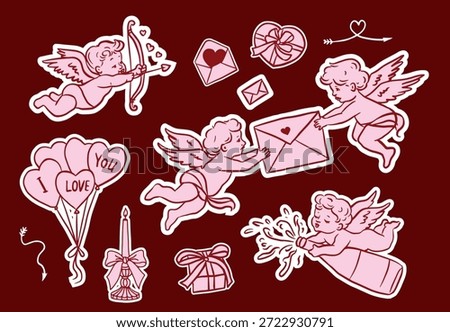 Hand drawn Valentine’s Day illustration set with cute cupids and cherubs delivering love letters, shooting arrows and holding hearts. Whimsical romantic outline style for cards, stickers, gifts and invitations.
