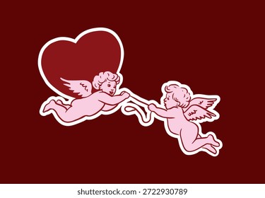 Dibujado a mano ilustración del día de San Valentín de dos lindos querubines volando juntos y sosteniendo un corazón. Estilo de contorno caprichoso romántico, símbolo de amor, conexión y afecto, perfecto para tarjetas, pegatinas y diseños.