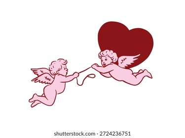 Handgezeichnete Valentinstag-Illustration von zwei süßen Cupiden, die zusammen fliegen und ein Herz halten. Romantischer skurriler Umrissstil, Symbol für Liebe, Verbundenheit und Zuneigung, perfekt für Karten, Aufkleber.