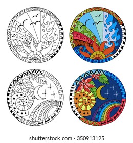 Hand drawn day and night circle mandalas for anti stress coloring page. Pattern for coloring book. Made by trace from sketch. Illustration in zentangle style. Monochrome and color variants.