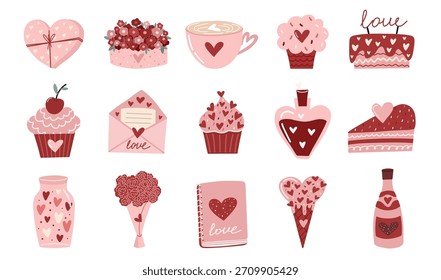 Conjunto de dulces y Elementos románticos dibujados a mano del día de San Valentín con cupcakes, pasteles, ramo, sobre, taza de café, botella y lindos iconos del amor. Perfecto para pegatinas, tarjetas, carteles, diseños de vacaciones