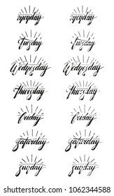Hand drawn days of the week lettering vintage design vector Illustration logo with radiance shining. grunge ink lettering