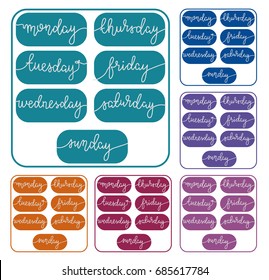 Hand Drawn Days of the Week - Monday Tuesday Wednesday Thursday Friday Saturday Sunday - Colorful Blue Yellow Green Minimalist Lettering Decorative Stickers for Journal - Vector Illustration