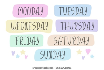 Hand drawn days of the Week names in doodle style. Cute playful Lettering weekdays. Perfect for planner scrapbooking Children education Design