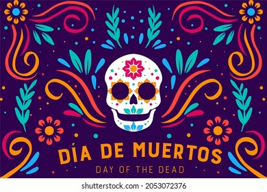 hand drawn día de muertos. day of the dead flat design illustration with skull and floral ornament