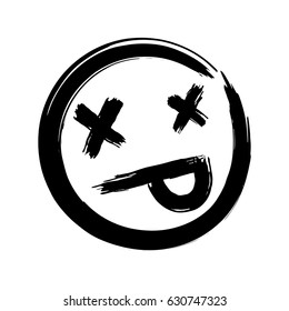 Hand drawn dead emoji, ink brush dead emoticon smiley icon on a white background. Vector.