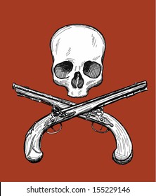 Hand drawn dead head with two crossed flintlock pistols. Jolly Roger style. Vector drawing.