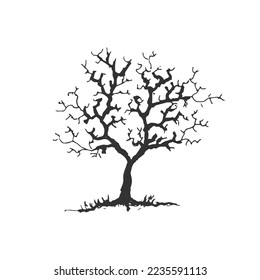 Árbol muerto dibujado a mano con ilustración vectorial de gramíneas. Diseño de árbol de diseño vintage de dibujo para logotipo y otro diseño. Lápiz de dibujo a mano libre vector de árbol de esbozo.