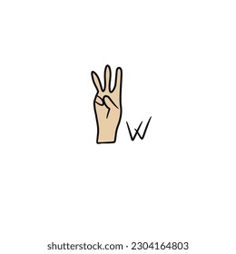 Hand drawn deaf and voiceless language letter W,isolated on white background,vector illustration eps10 
