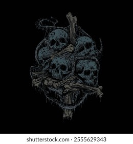 hand drawn death metal skull and bones illustration