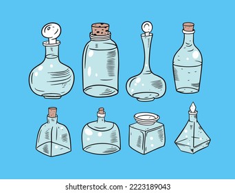 Hand drawn decanters, jars and bottle sketch style vector illustration isolated on blue background.