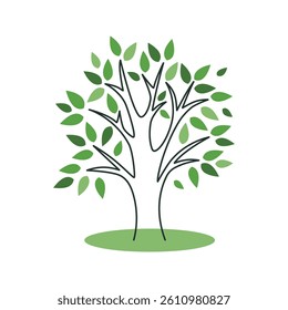 Hand drawn deciduous tree clip art. Simple outline image of tree with green leaves. Logo, symbol, natural element