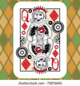 hand drawn deck of cards, doodle queen of diamonds