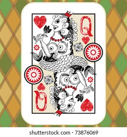 hand drawn deck of cards, doodle queen of hearts