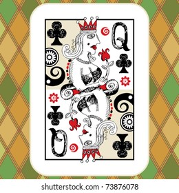 Hand Drawn Deck Of Cards, Doodle Queen Of Clubs