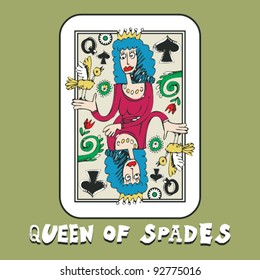 hand drawn deck of cards, doodle queen of spades