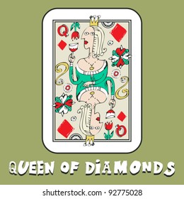 hand drawn deck of cards, doodle queen of diamonds
