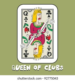 hand drawn deck of cards, doodle queen of clubs