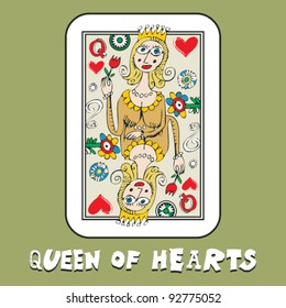 hand drawn deck of cards, doodle queen of hearts