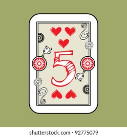hand drawn deck of cards, doodle 5 of hearts