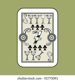 hand drawn deck of cards, doodle 7 of clubs
