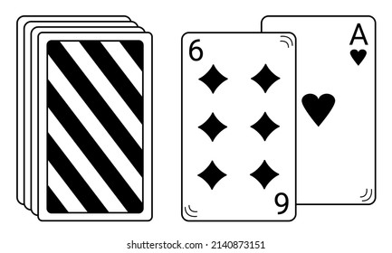 Hand drawn deck of cards and two cards. Board game for a pleasant pastime. 