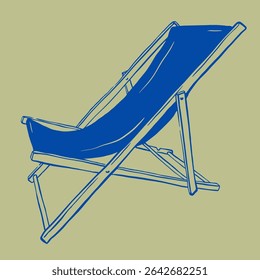 Hand drawn deck chair retro minimal vector illustration. Outdoor folding furniture item for patio, pool and deck. Summer vibe sketch design.
