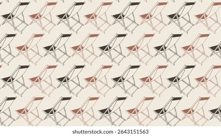 Hand drawn deck chair retro seamless pattern vector illustration. Outdoor lounger ornament. Summer beach vibe design for textile, fabric, background and packaging.