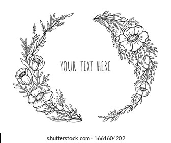 Hand drawn decor with flowers Anemone leaves and branches. Vector nature illustration in vintage style.