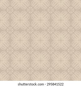 Hand drawn decor  flowers on coffee-colored background, vintage tile design, seamless vector pattern, print lace